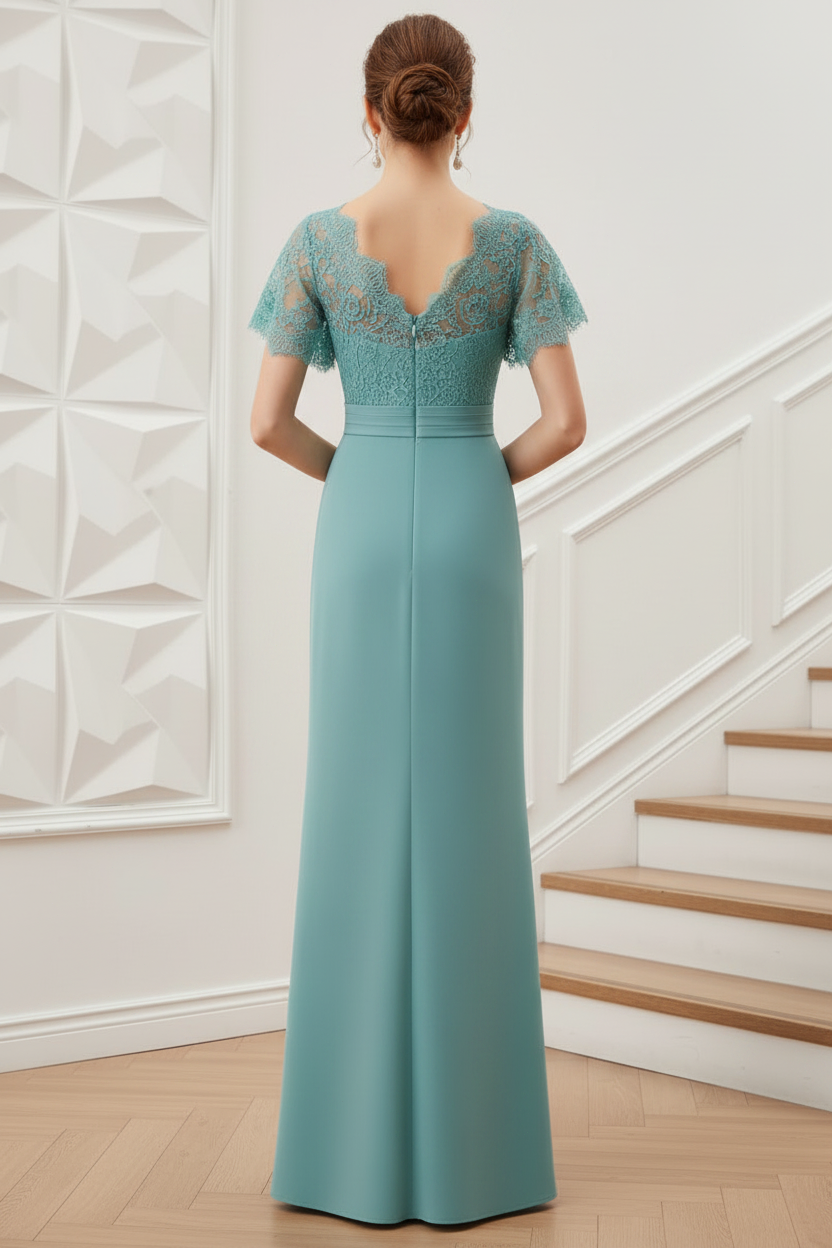 V-Neck Short Sleeves Appliques Mother of Bride Dress