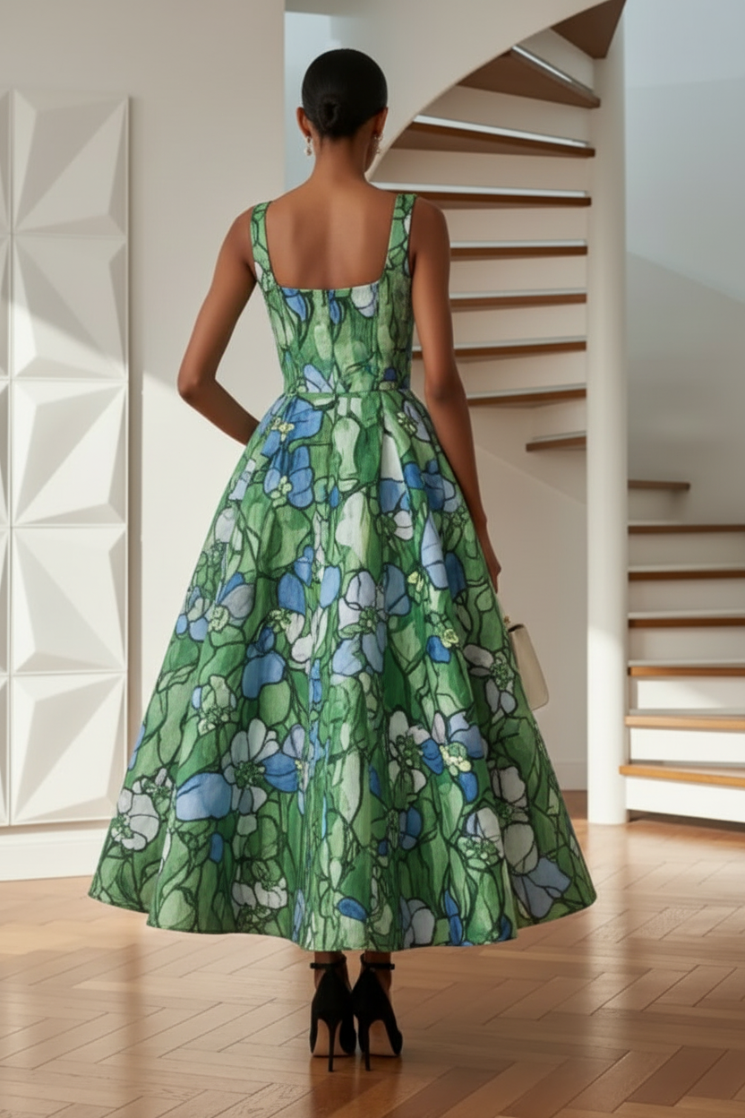 Square Straps Printed A-Line Cocktail Dress
