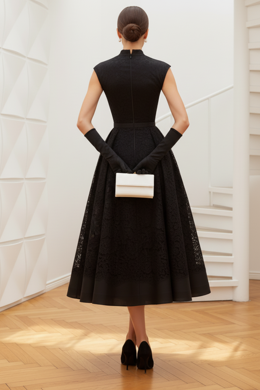 V-Neck Lace Appliques Black Cocktail Dress
