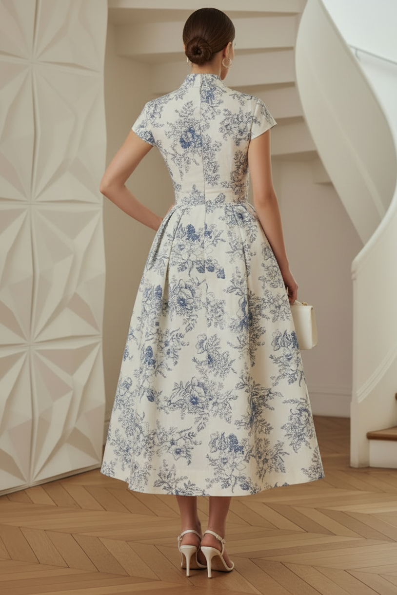 V-Neck Cap Sleeves Floral Printed Satin A-Line Cocktail Dress