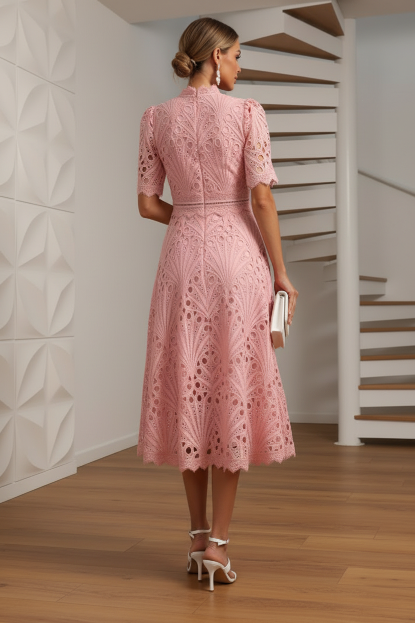 High Neck Lace Appliques A-Line Maxi Dress