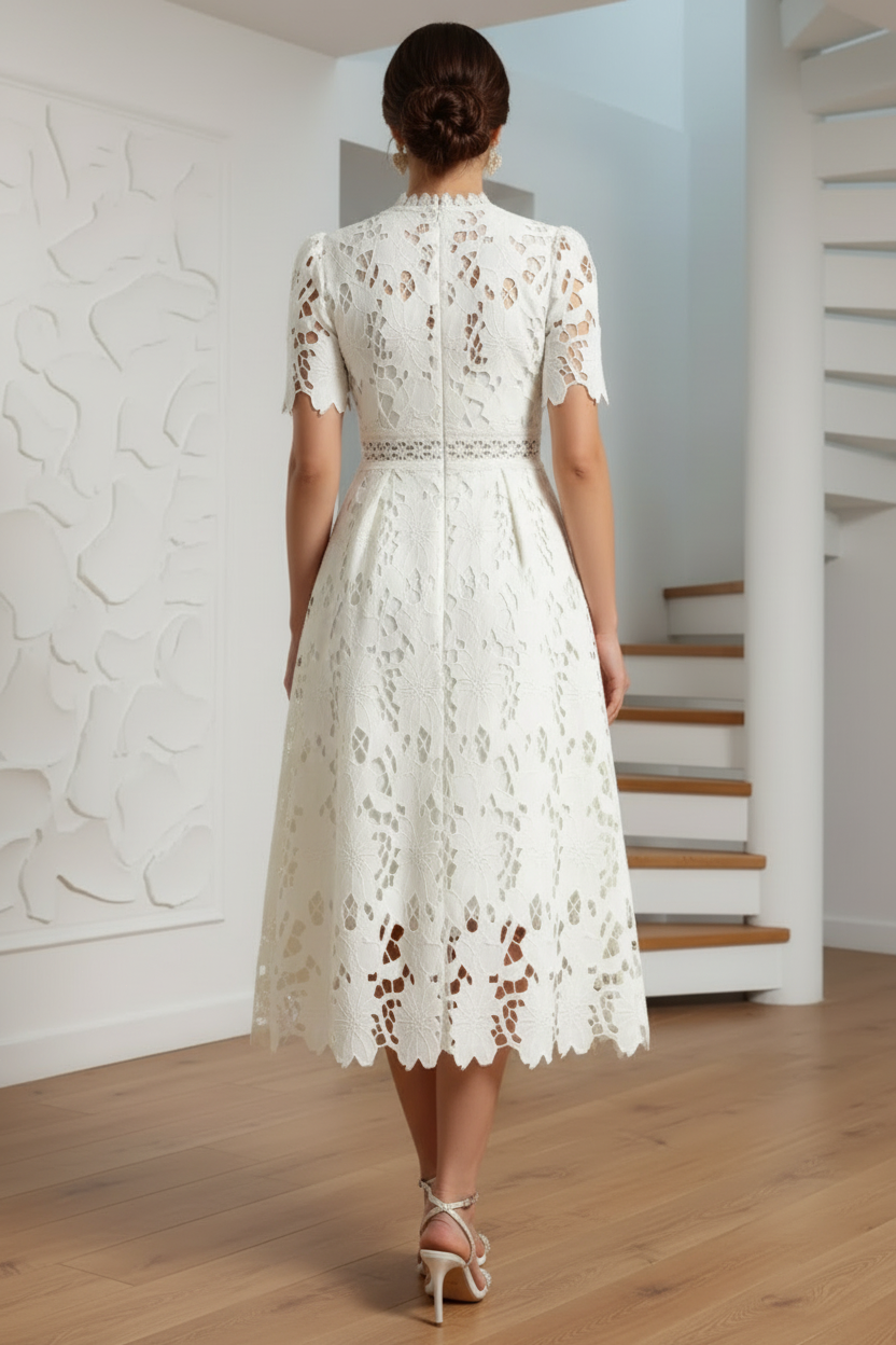 High Neck Short Sleeves Appliques Lace Cocktail Dress