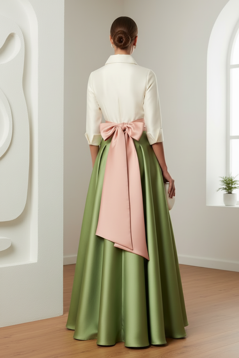 V-Neck Long Sleeves Mikado Satin A-Line Mother of Bride Dress