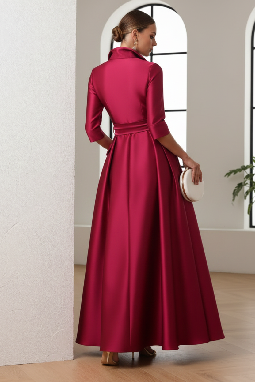 V-Neck 3/4 Sleeve A-Line Mother of Bride Mikado Satin Dress