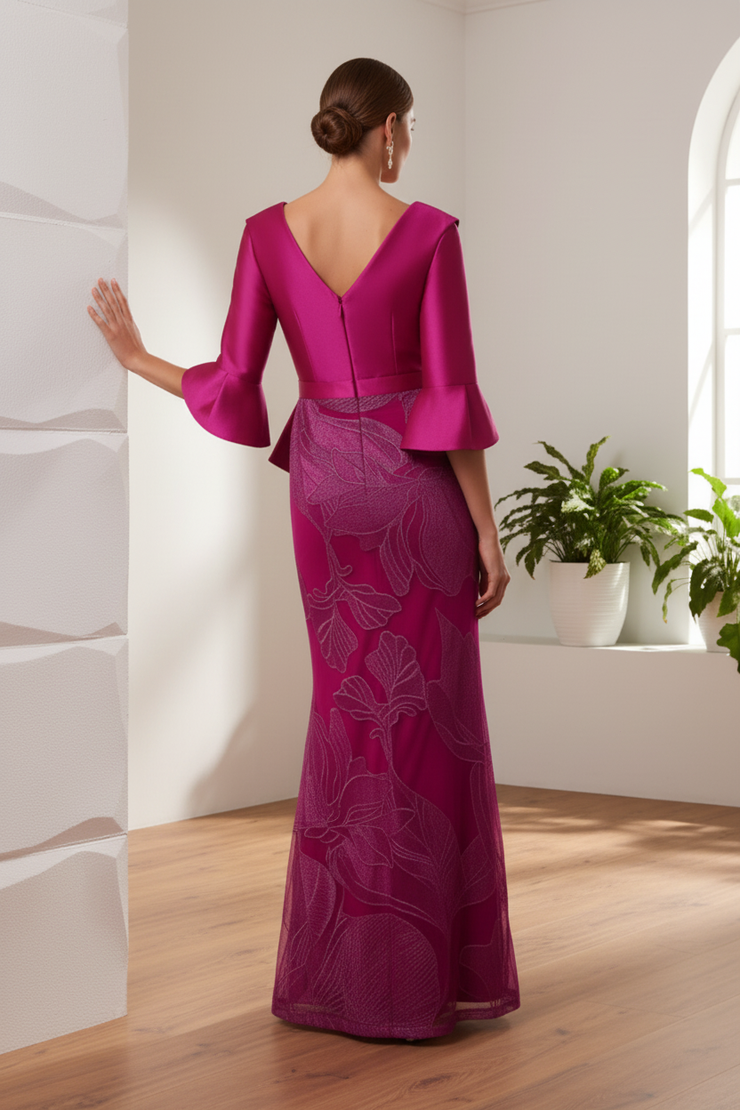 V-Neck Long Sleeves Printed Sheath Mother of Bride Dress