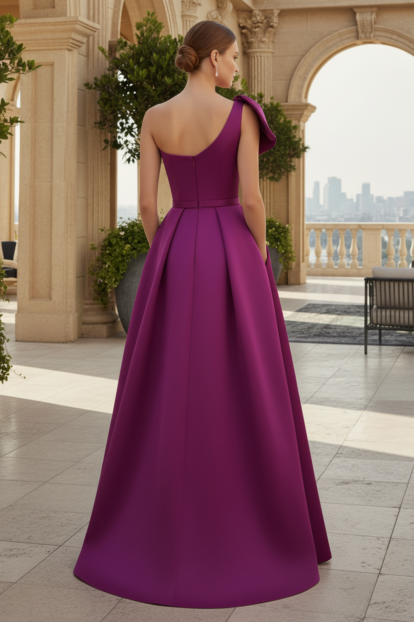 Unique Bow Accented One-Shoulder Ruched Wasit Satin Mother Of The Bride Dresses