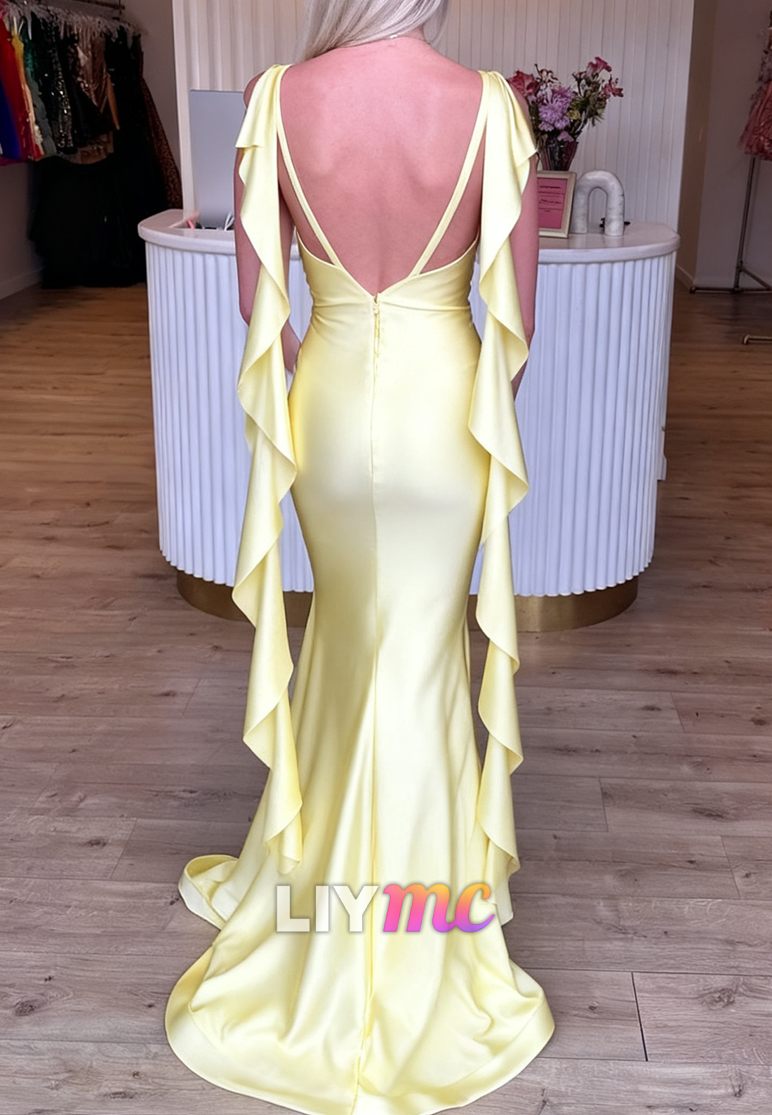 V-Neck Spaghetti Straps Ruffled Sleek Mermaid Prom Dress
