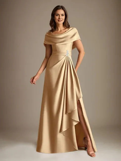 A-Line Scoop Floor-Length Stretch Satin Mother of the Bride Dress With Cascading Ruffles