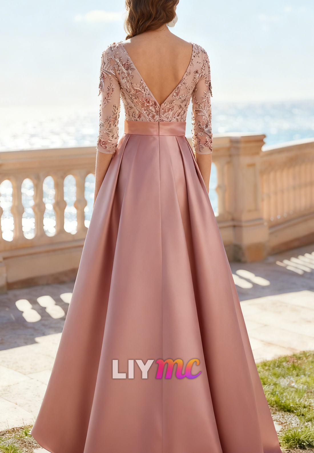 Dusty Pink V-Neck Appliques Sleeves Lined Sheath Satin Mother of Bride Dress