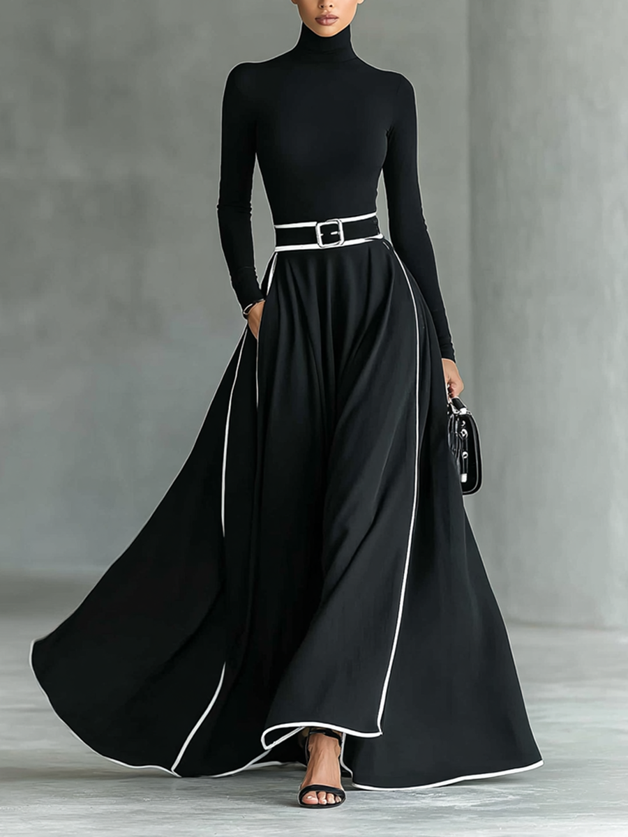 black dress white stitching Black Button Up Midi Dress With White Stitch main image 0