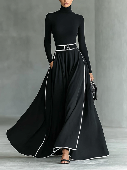 Women's Black Stitching White Trim High Collar Long Sleeve Tight Belt Maxi Dress