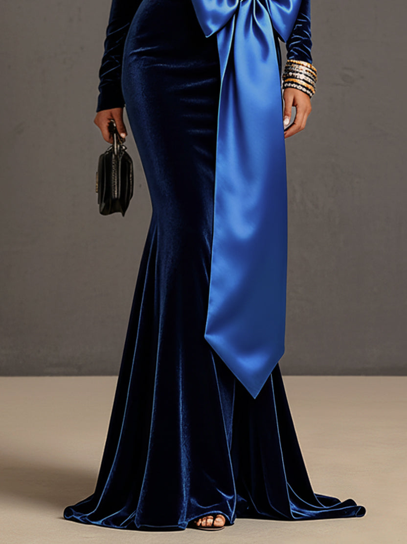 Blue Luxurious Velvet One Shoulder Maxi Dress With A Satin Bow