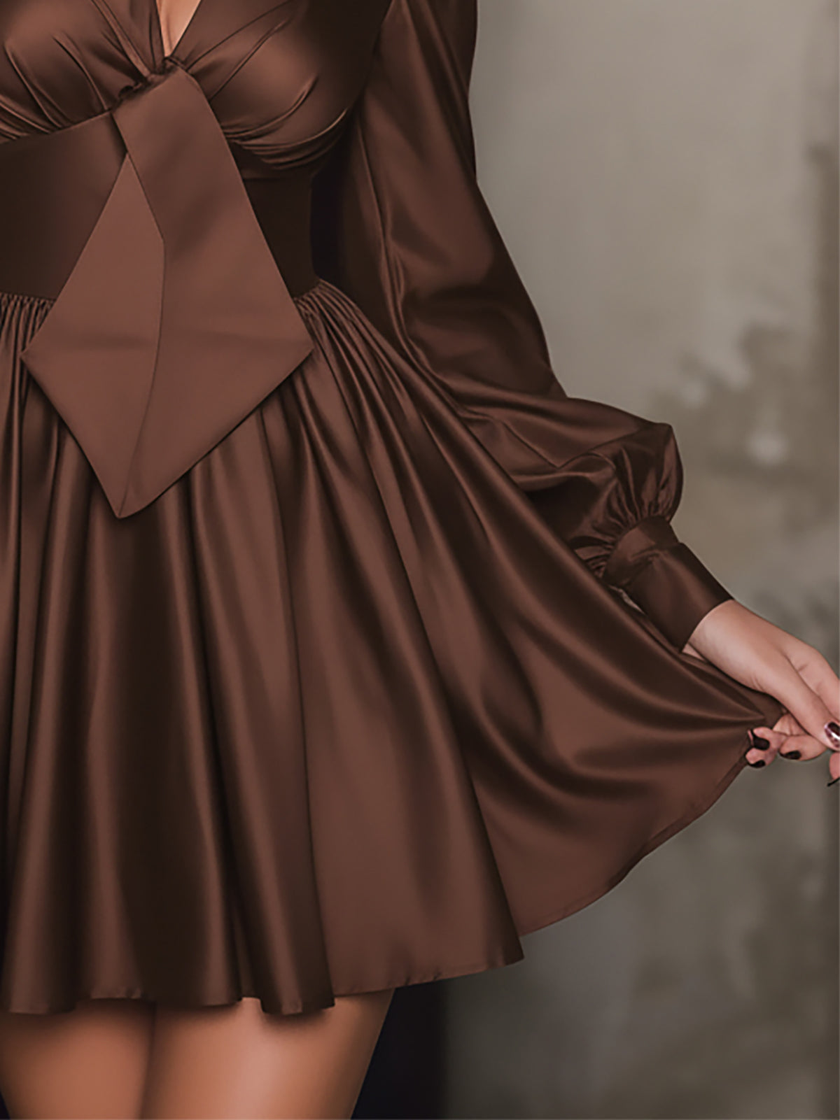 Chocolate Brown Satin Pleated A Line Dress