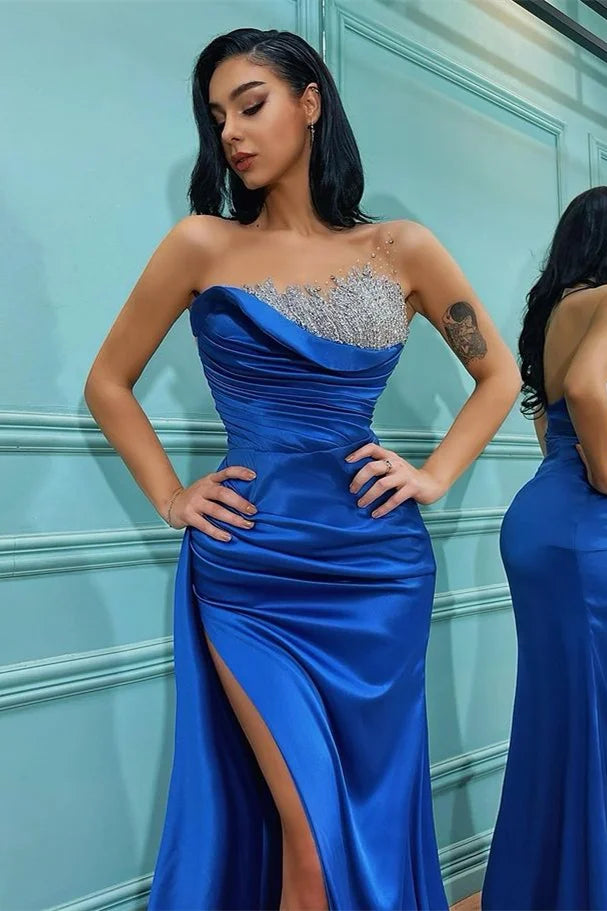 Royal Blue Strapless Sleeveless Split Mermaid Evening Dress With Beadings