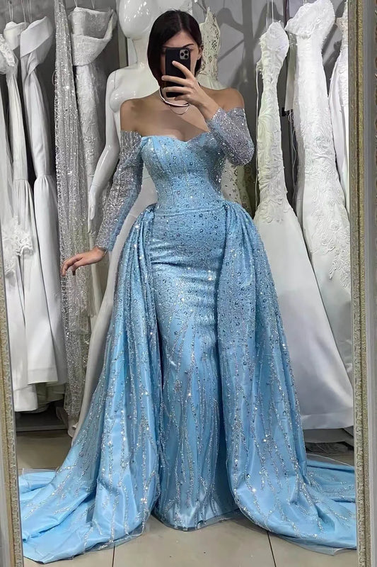 Blue Sequins Long Sleeves Beads Off-The-Shoulder Sweetheart Evening Dress With Long Ruffle