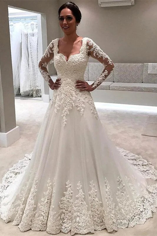 A-Line Long Sleeves Lace Appliques Wedding Dress