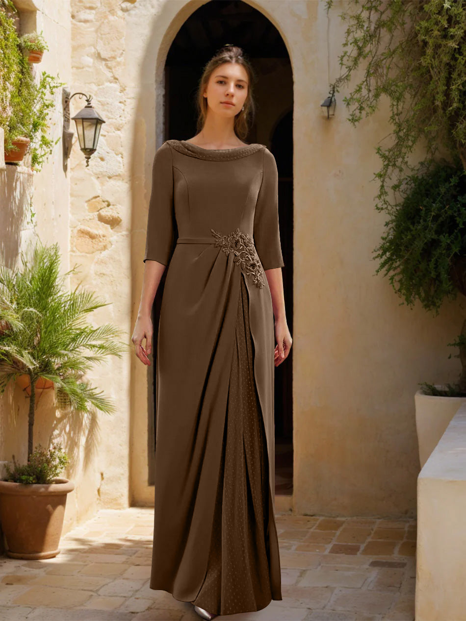 Sheath/Column Cowl Neck 3/4 Sleeves Floor-Length Mother of the Bride Dresses with Tulle & Sash & Slit & Jewel Appliques