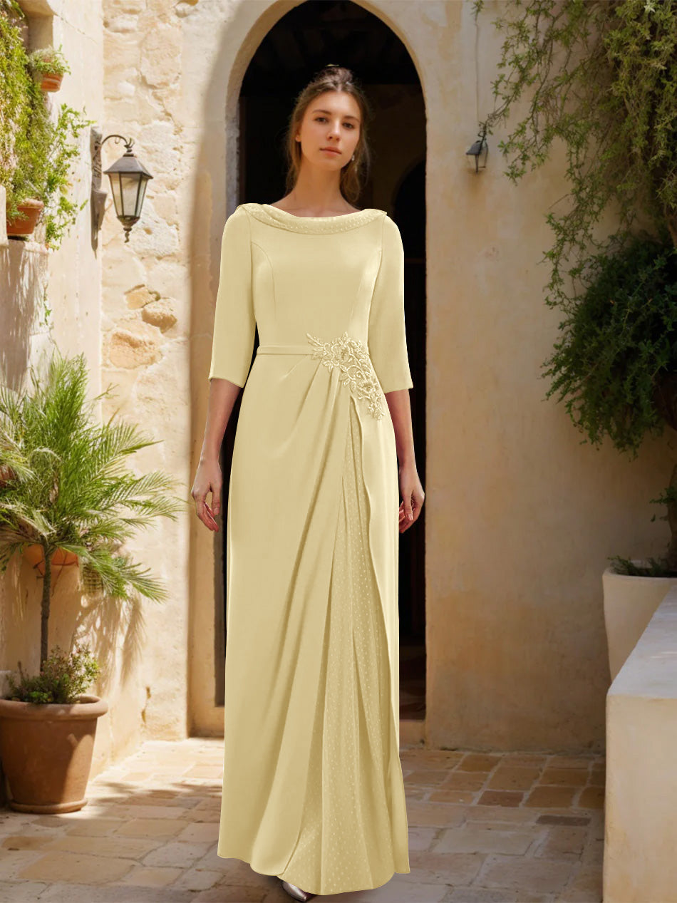 Sheath/Column Cowl Neck 3/4 Sleeves Floor-Length Mother of the Bride Dresses with Tulle & Sash & Slit & Jewel Appliques