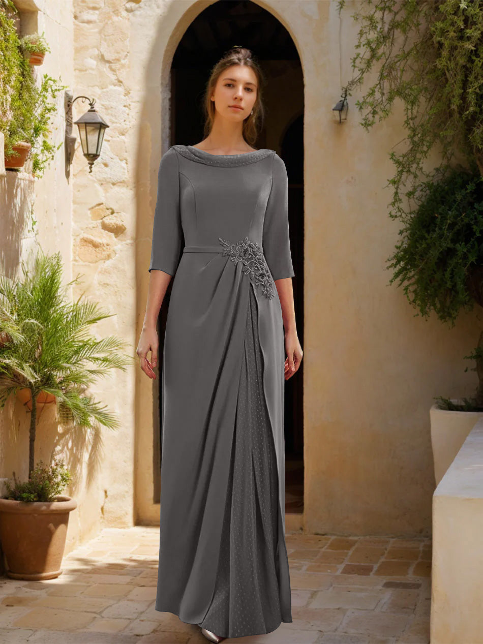 Sheath/Column Cowl Neck 3/4 Sleeves Floor-Length Mother of the Bride Dresses with Tulle & Sash & Slit & Jewel Appliques
