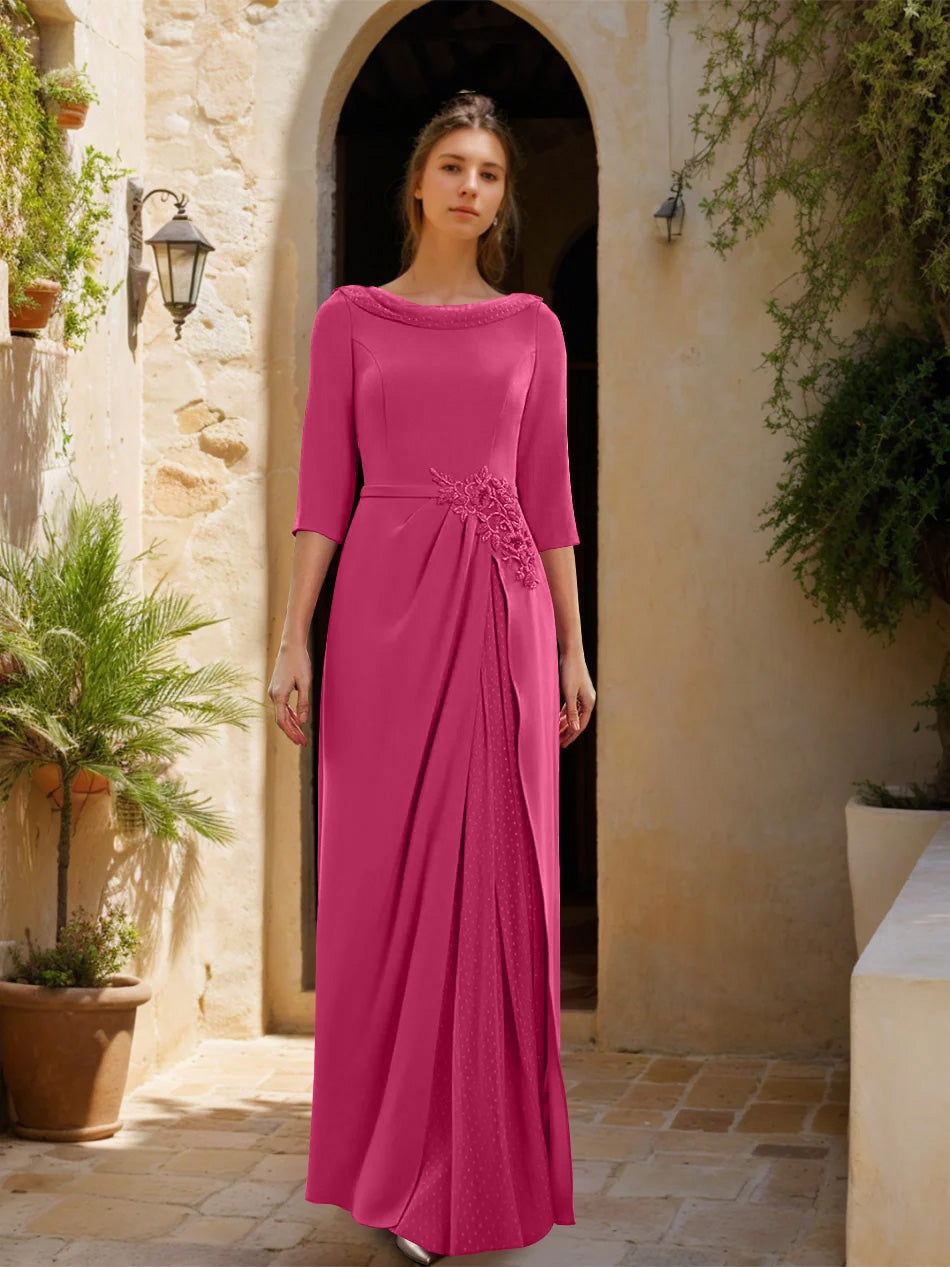 Sheath/Column Cowl Neck 3/4 Sleeves Floor-Length Mother of the Bride Dresses with Tulle & Sash & Slit & Jewel Appliques