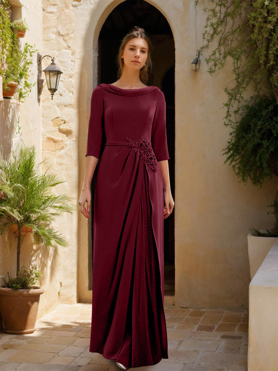Sheath/Column Cowl Neck 3/4 Sleeves Floor-Length Mother of the Bride Dresses with Tulle & Sash & Slit & Jewel Appliques