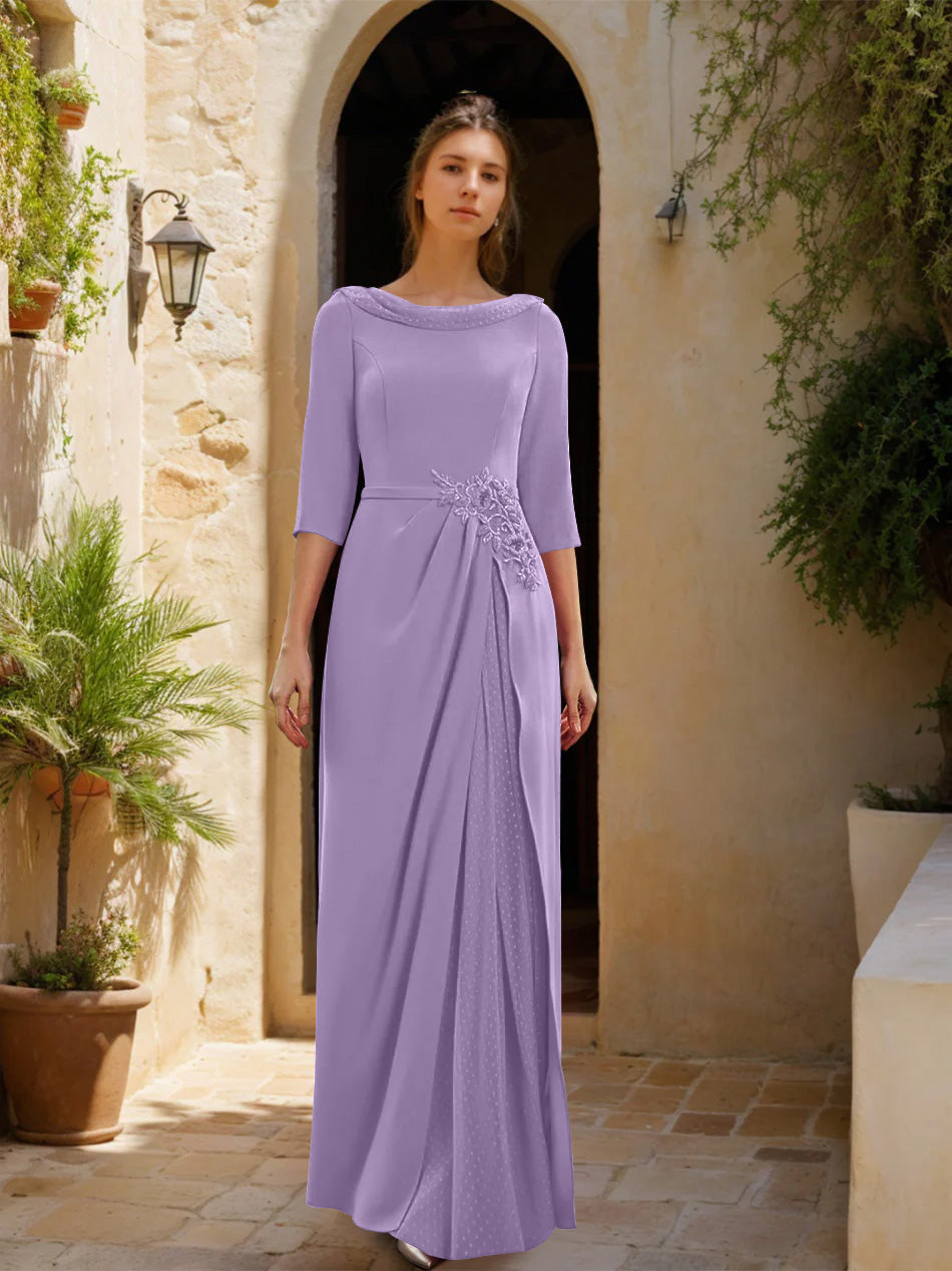 Sheath/Column Cowl Neck 3/4 Sleeves Floor-Length Mother of the Bride Dresses with Tulle & Sash & Slit & Jewel Appliques