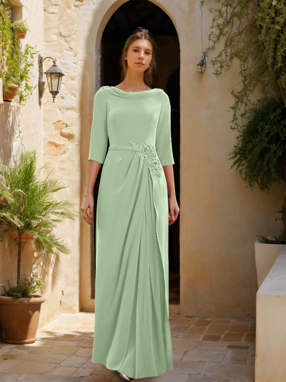 Sheath/Column Cowl Neck 3/4 Sleeves Floor-Length Mother of the Bride Dresses with Tulle & Sash & Slit & Jewel Appliques