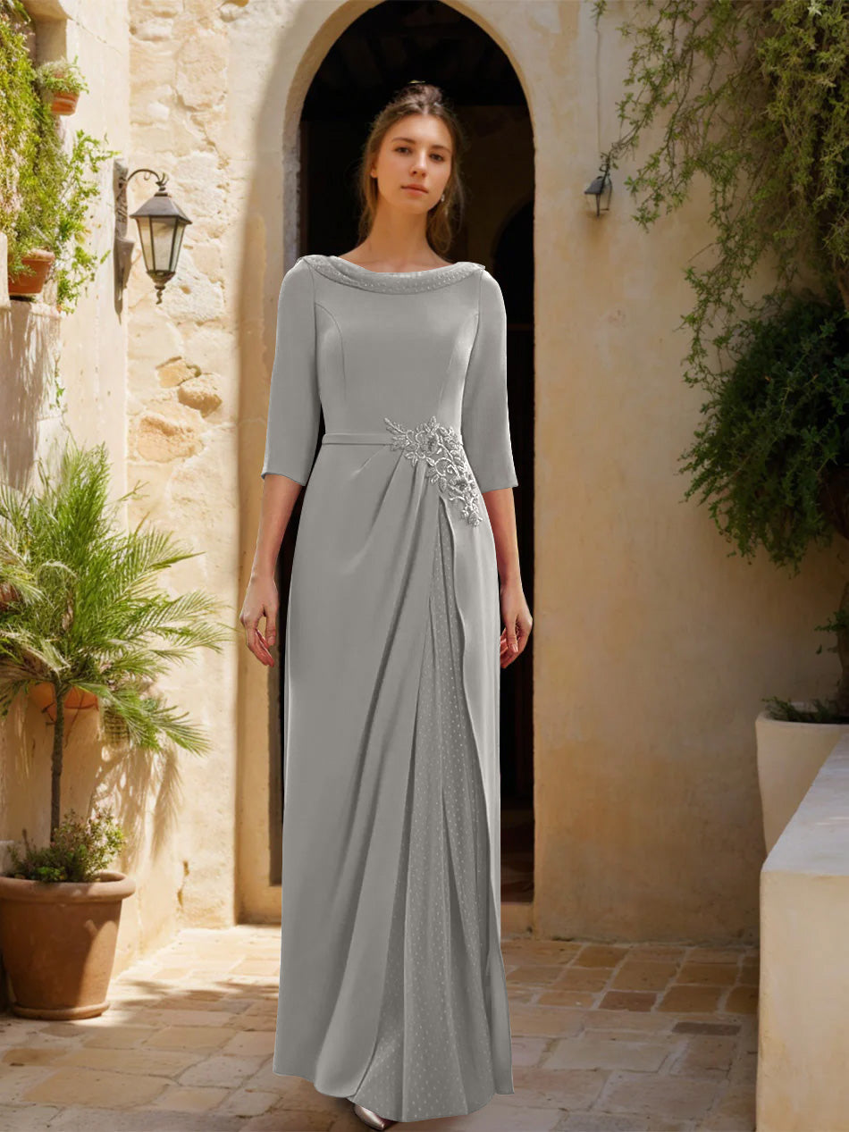 Sheath/Column Cowl Neck 3/4 Sleeves Floor-Length Mother of the Bride Dresses with Tulle & Sash & Slit & Jewel Appliques