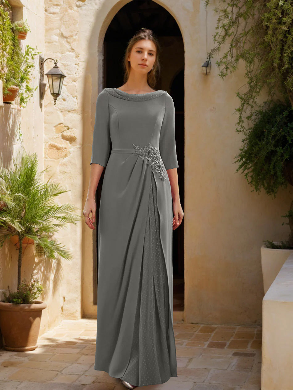 Sheath/Column Cowl Neck 3/4 Sleeves Floor-Length Mother of the Bride Dresses with Tulle & Sash & Slit & Jewel Appliques