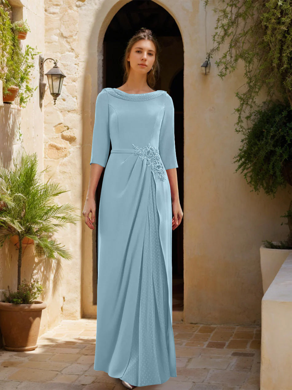 Sheath/Column Cowl Neck 3/4 Sleeves Floor-Length Mother of the Bride Dresses with Tulle & Sash & Slit & Jewel Appliques