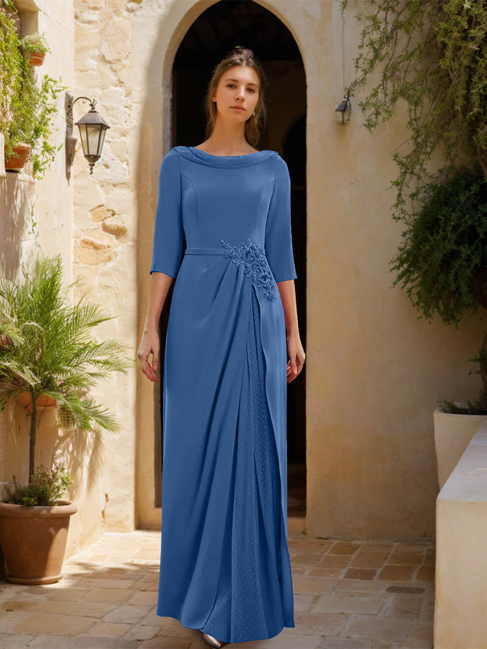 Sheath/Column Cowl Neck 3/4 Sleeves Floor-Length Mother of the Bride Dresses with Tulle & Sash & Slit & Jewel Appliques