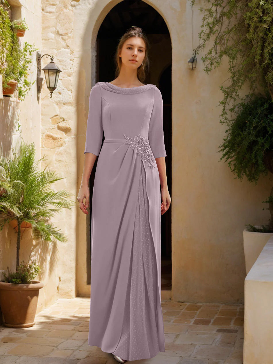 Sheath/Column Cowl Neck 3/4 Sleeves Floor-Length Mother of the Bride Dresses with Tulle & Sash & Slit & Jewel Appliques