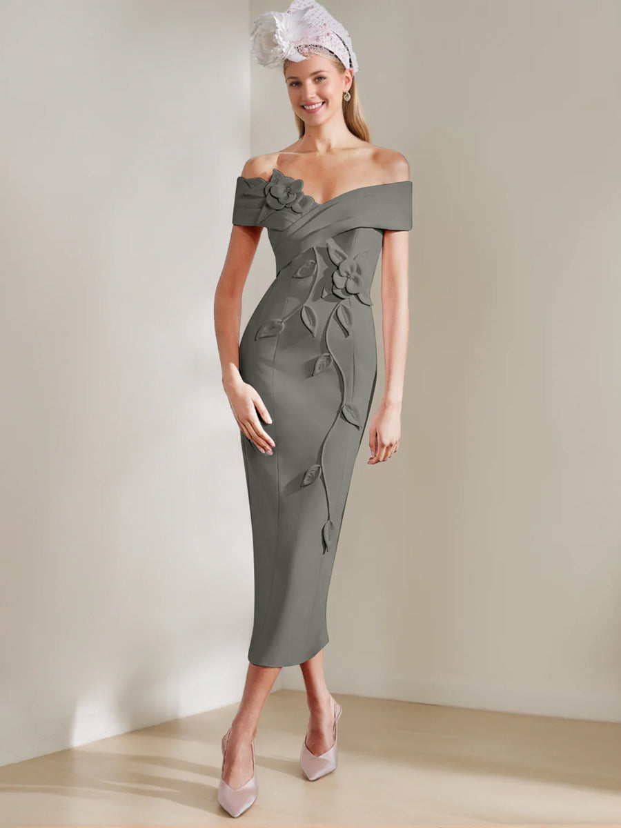 Sheath/Column Off-the-shoulder Tea-Length Mother of the Bride Dresses with 3D Flowers