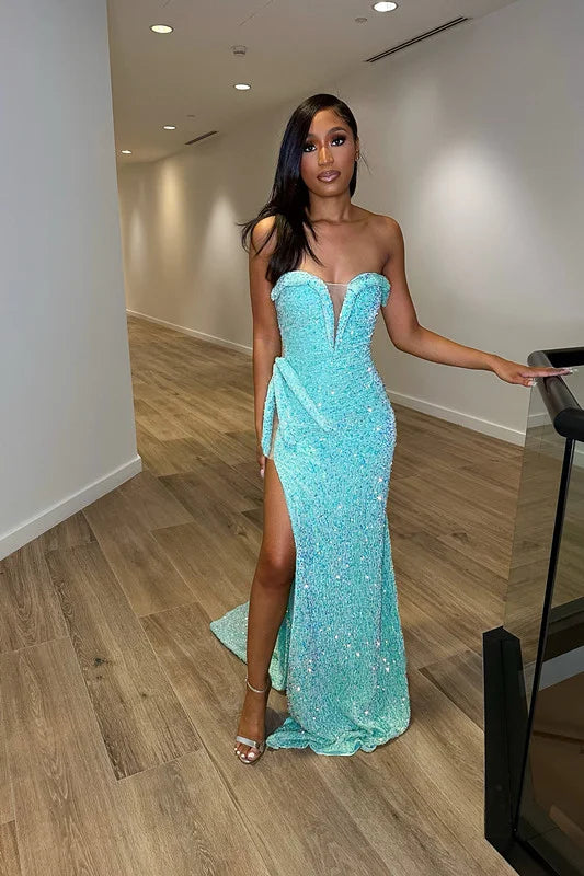 Evening Dress Sequins Baby Blue Slit Sleeveless Taping V Neck