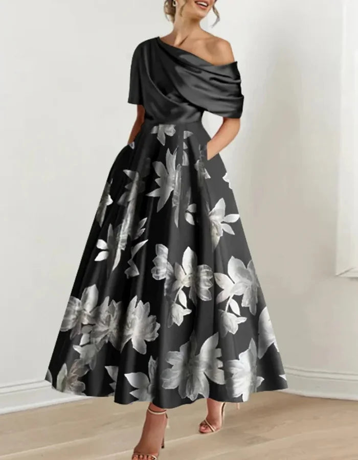 Retro Off-shoulder Solid Color Print Stitching Midi Dress