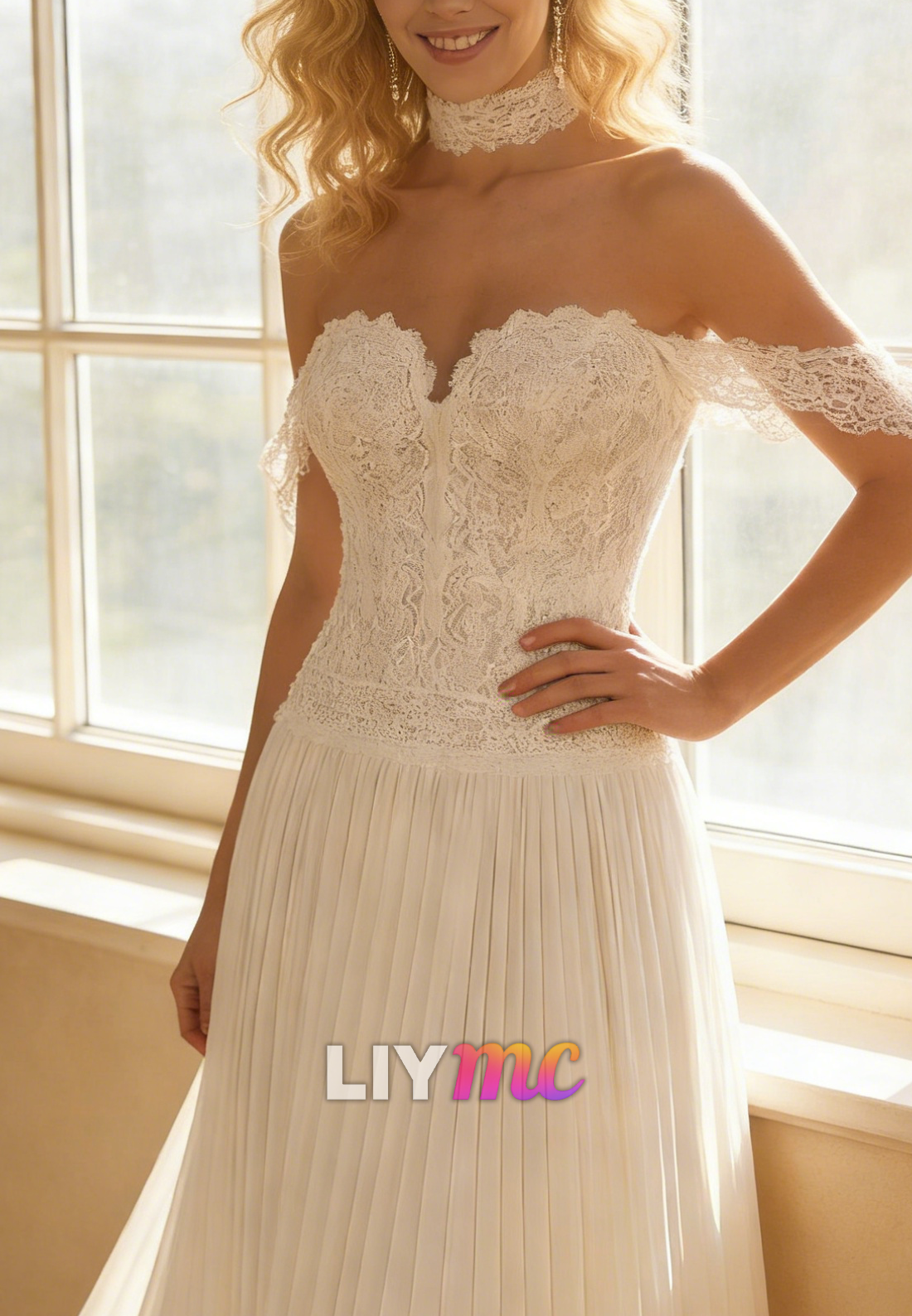 Off-Shoulder Chiffon Pleated Lace Appliques A-Line Wedding Dress