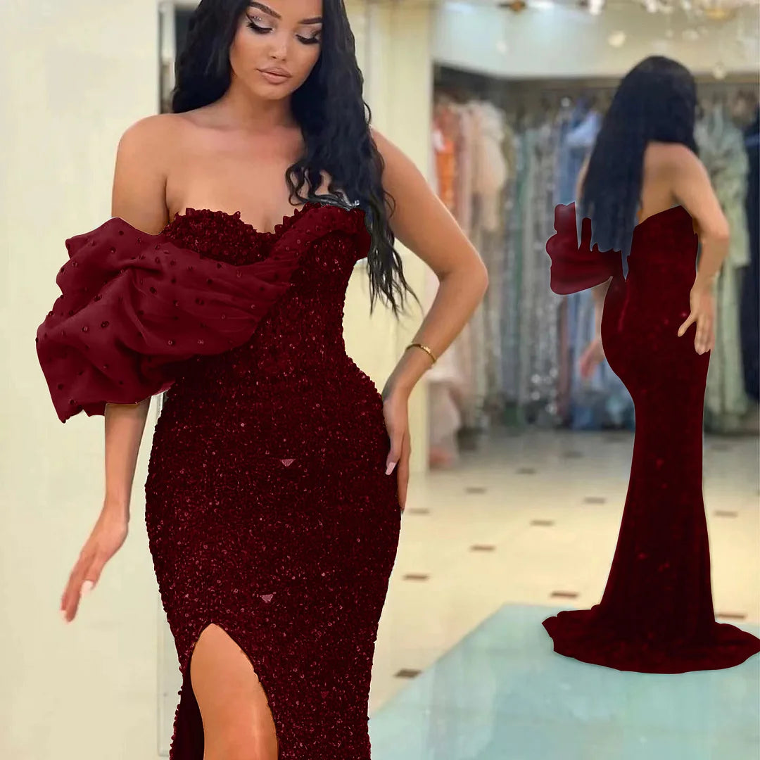 Gorgeous One Shoulder Sweetheart Mermaid Split Evening Dress With Sequins Off-The-Shoulder