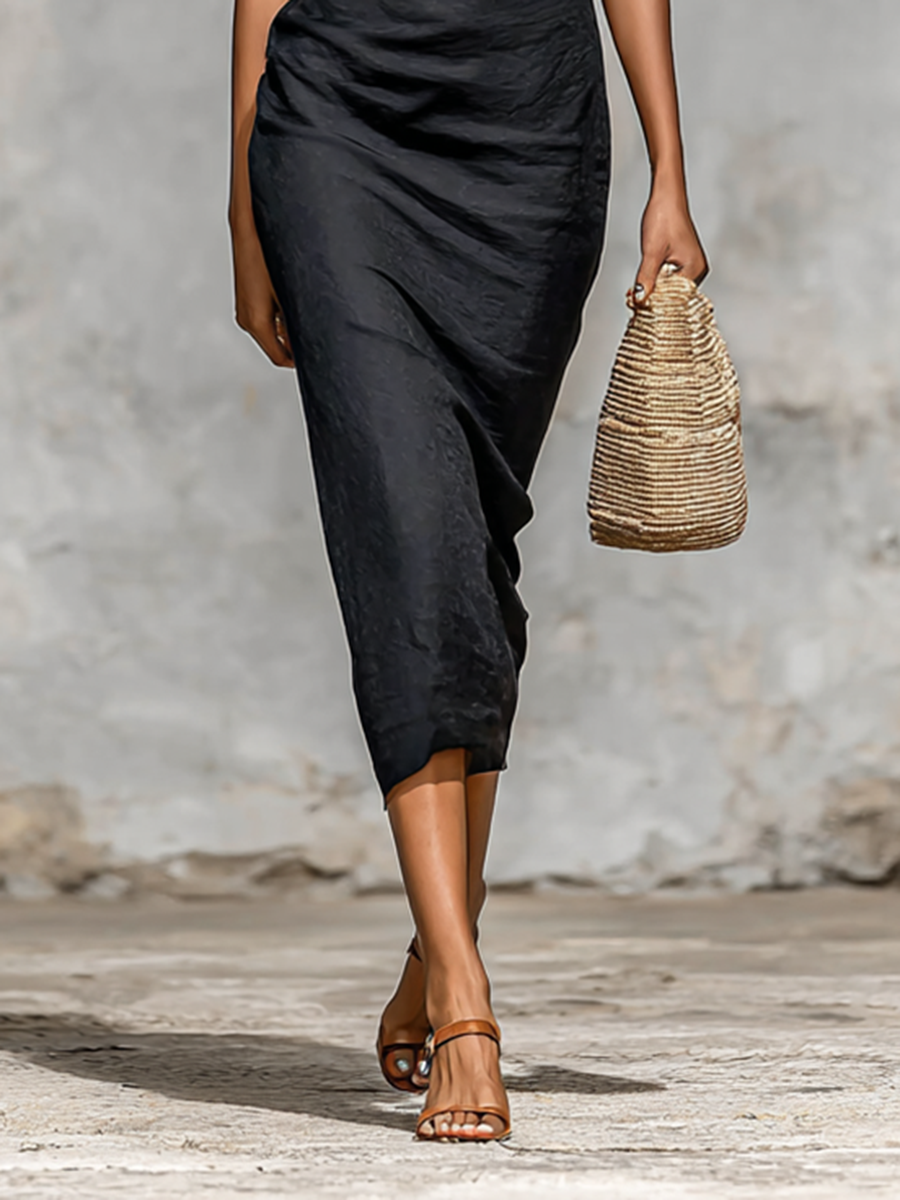 Ladies Solid Color Lapel V-neck Short Sleeve Waist Midi Dress