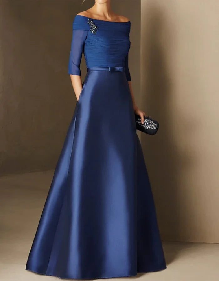 Elegant Navy Satin Gown with Off-Shoulder Pleated Bodice and Sheer Sleeves