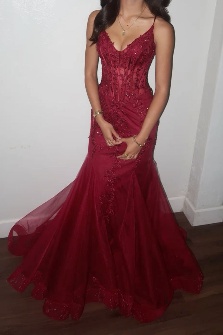 Burgundy mermaid style corset prom dress
