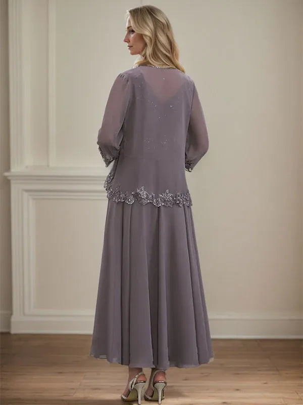 A-line V-Neck Ankle-Length Chiffon Mother of the Bride Dress With Sequins Appliques Lace Beading