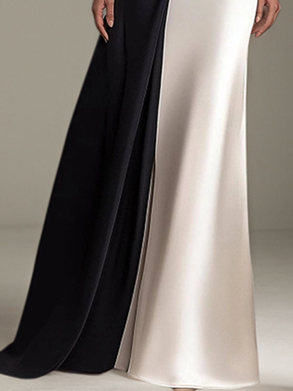 Party Formal Dress One Shoulder Short Sleeves Floor Length Satin Dress