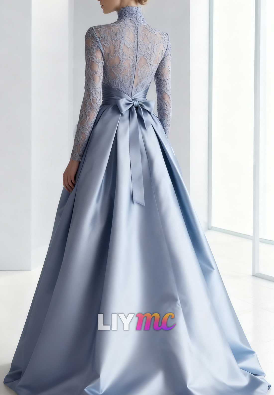 High Neck Lace Appliques A-Line Satin Evening Dress