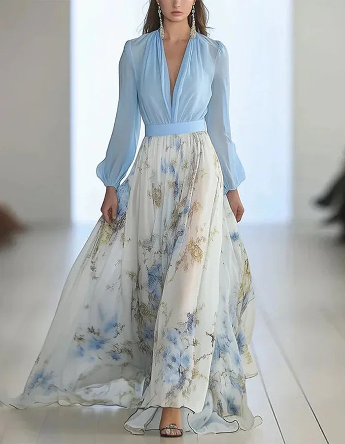 Elegant Light Blue and White Chiffon Gown with Sheer Sleeves and Floral Print