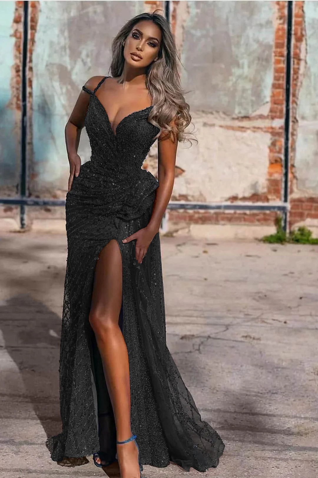 Off-The-Shoulder Sequins Evening Dress Split Mermaid