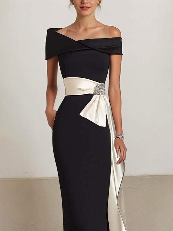 Party Dress Sleeveless Black Off the Shoulder Floor-Length Dress