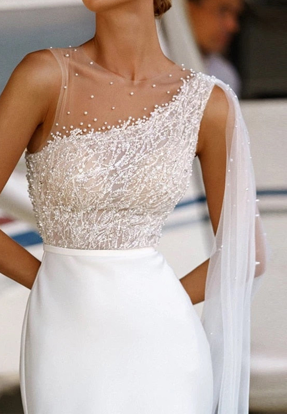 One Shoulder Sleeveless Appliques Sleek Mermaid Breach Wedding Dress