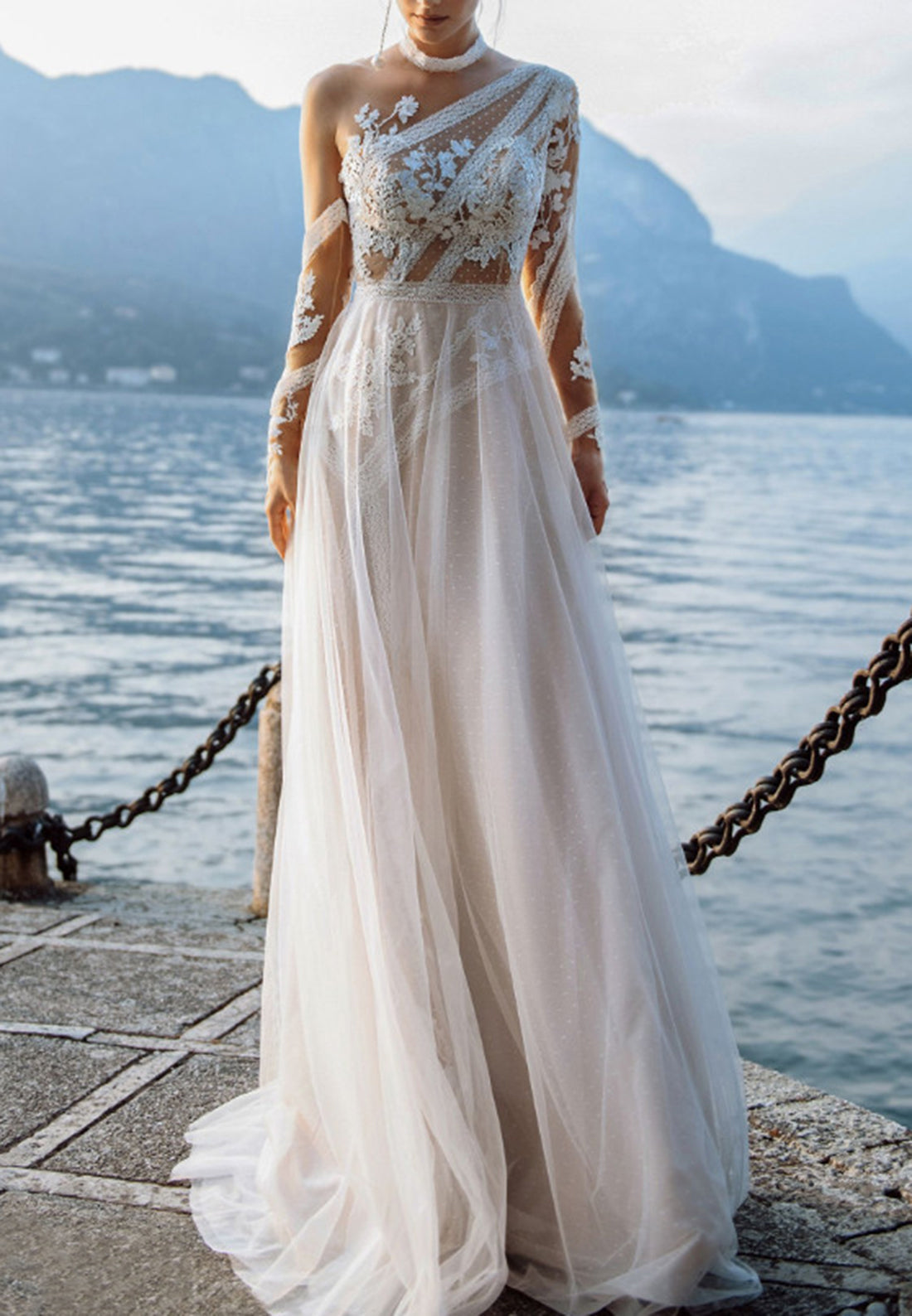 One Shoulder Long Sleeves Lace Appliques Tulle A-Line Wedding Dress
