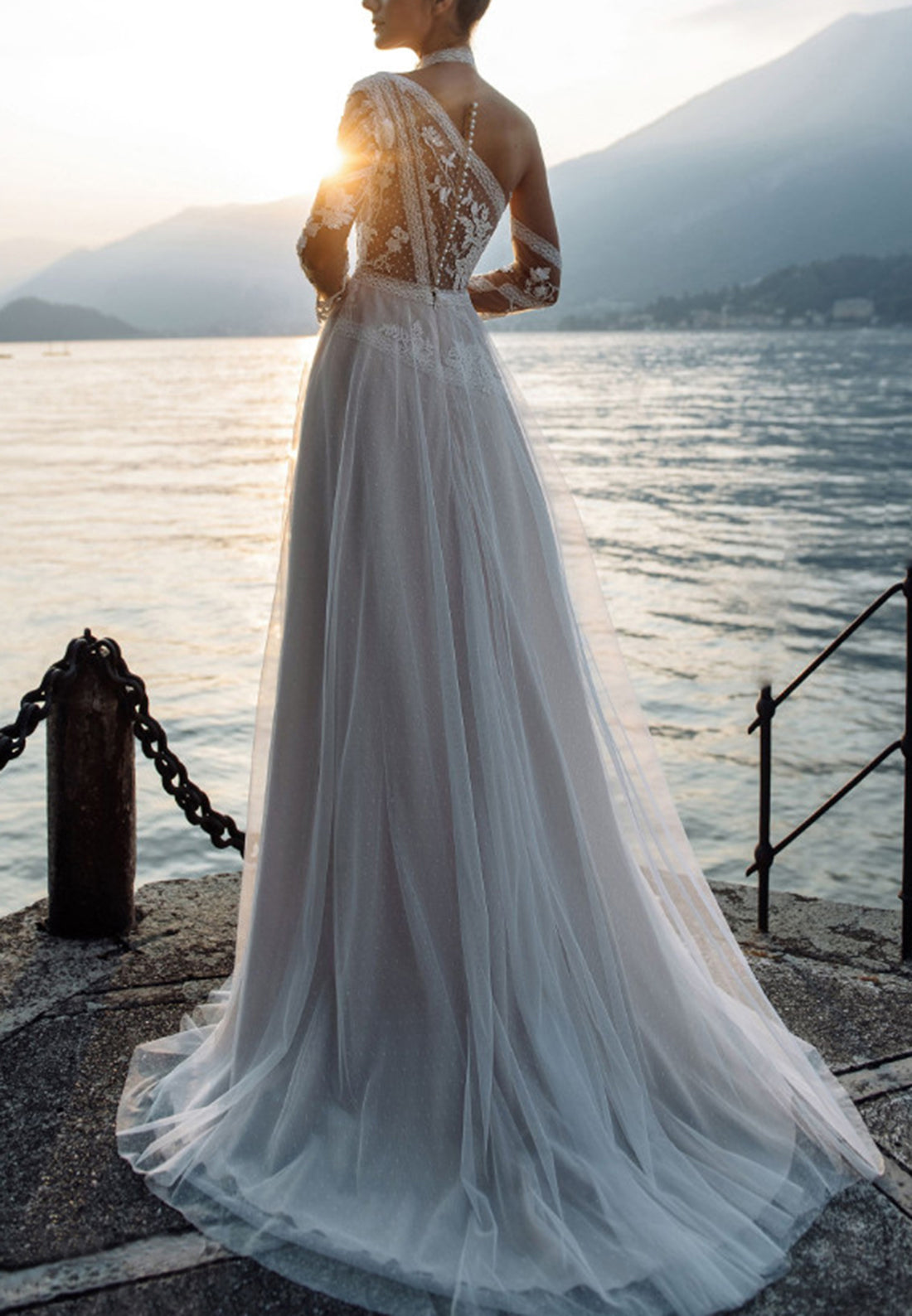 One Shoulder Long Sleeves Lace Appliques Tulle A-Line Wedding Dress