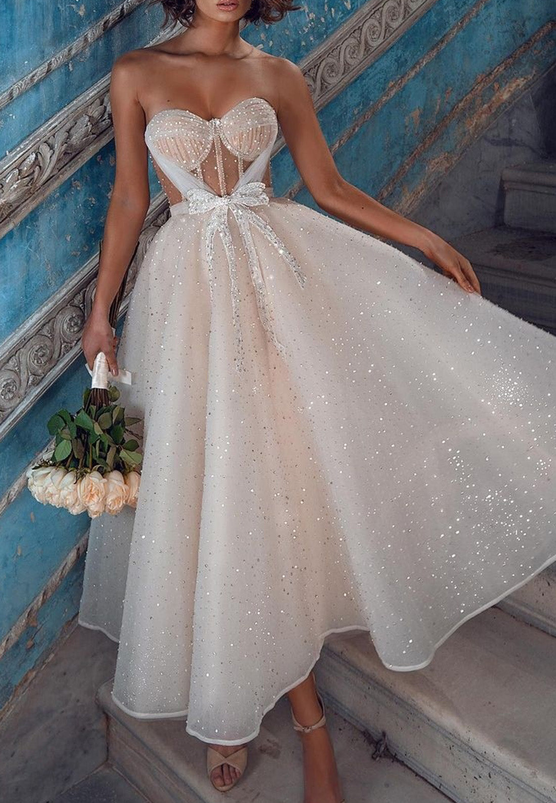 Sweetheart Strapless Tulle Sparkly A-Line Beach Wedding Dress